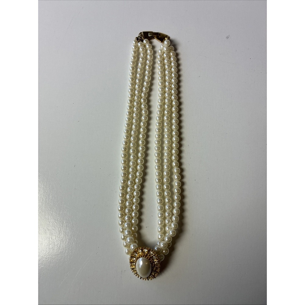 Three Strand Imitation Pearl Crystal Pendant Gold Tone Choker Necklace 17in